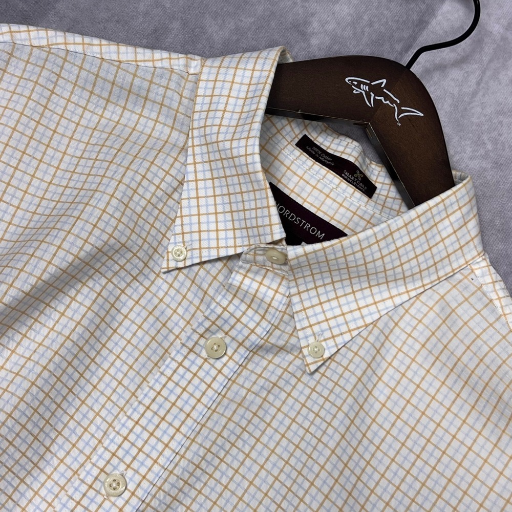 Nordstrom Button Down Shirt Mens XL White Orange‎ Plaid Excellent Smartcare L/S